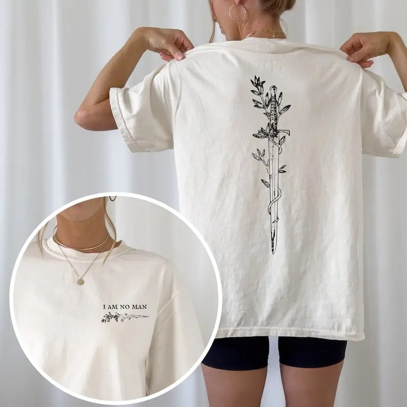 2 slides, I am no man shirt front and back. Book lover gift. bookish gift for her. Fantasy book shirt Feminist literature...