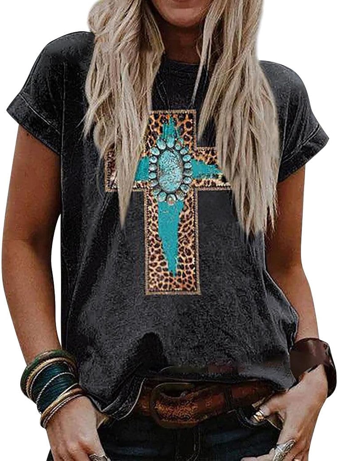 Christian T-Shirt Women Crewneck Short Sleeve Cross Letter Print Graphic Tops
