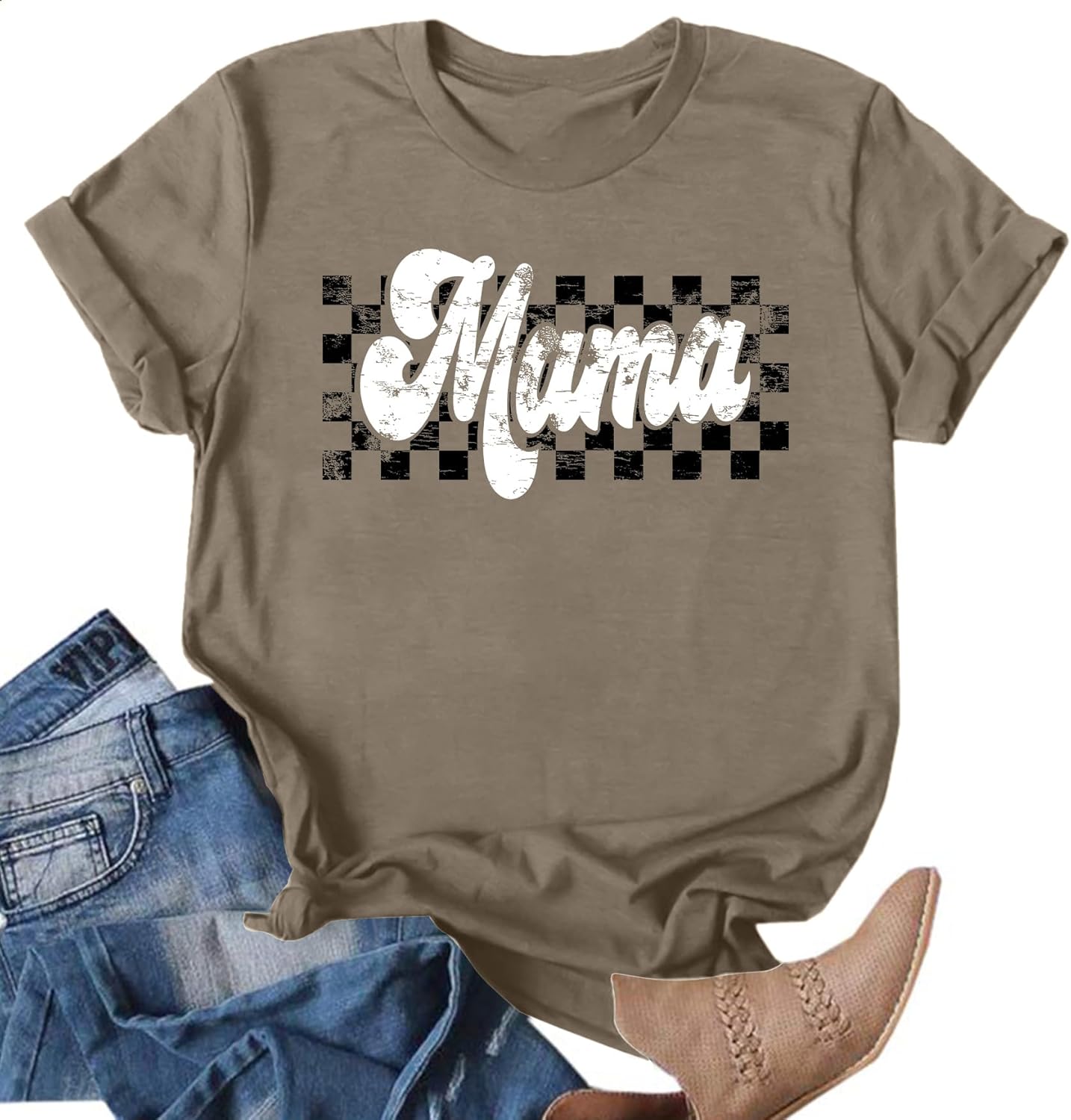 Mama Shirts Women Mothers Day Shirt Mom Life T-Shirt Vintage Checkers Mama Shirt Mommy Gifts Tee Tops