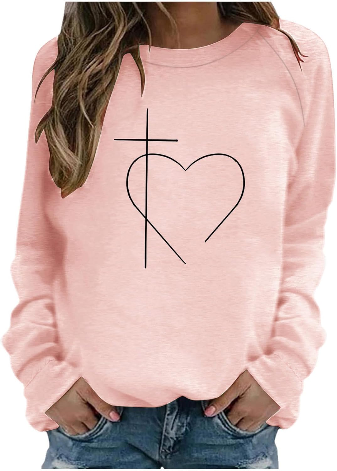 Easter Tops for Women Heart Jesus Cross Printed Tee Comfy Outdoor Crew Neck Loose Long Sleeve Easter Graphic Shirts