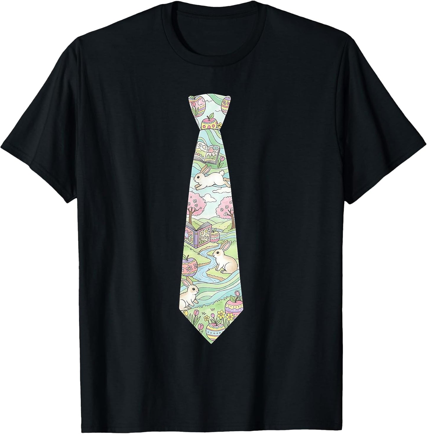 Easter Bunny Tie Teacher Pastel Eggs Spring Cherry Blossom T-Shirt