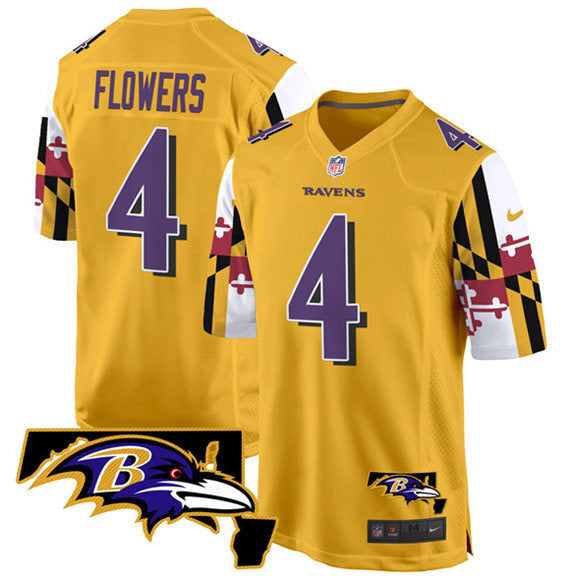 Baltimore Ravens #4 Zay Flowers Gold 2025 Maryland Flag Vapor Limited Football