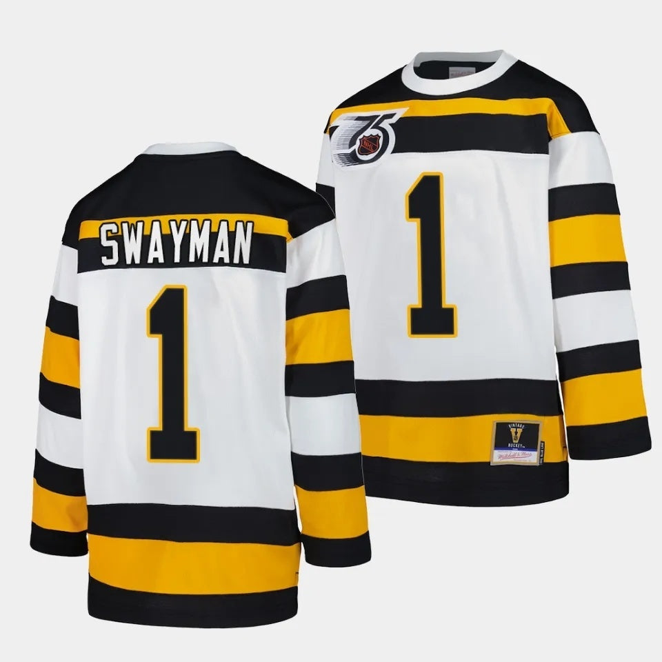 Boston Bruins #1 Jeremy Swayman White 1991 Throwback Jersey Mitchell Ness
