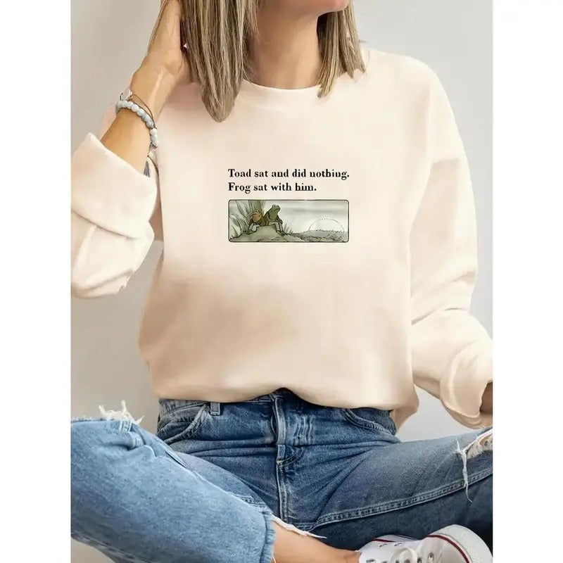 Cartoon Frogs & Letter Print Pullover Sweatshirt, Vintage Long Sleeve Crew Neck Sweatshirt, Women's Clothing T-Shirts, Hoodie