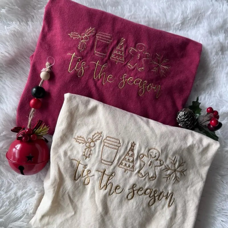 Christmas Shirt, Embroidered Christmas Tshirt, Tis The Season Tshirt Hoodie, Sweatshirt | WearSparks.com