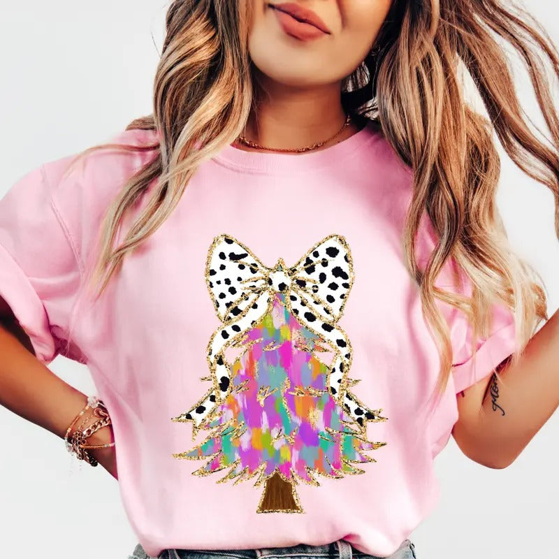 Christmas Tree Faux Glitter Pink Shirt, Graphic Christmas shirt, Comfort Colors Christmas Graphic Shirt, Cotton Unisex...