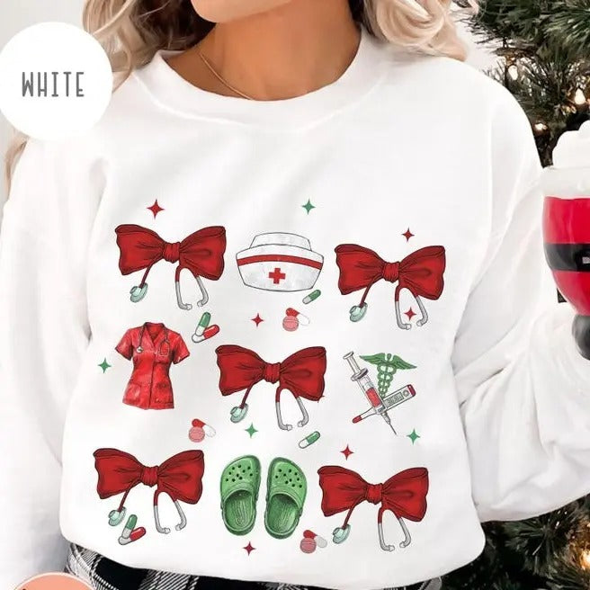 Coquette Nurse Stethoscope Bow Sweatshirt, Nurse Appreciation Christmas Gift For Nurse, Nurse Shirt, Christmas Shirt,...