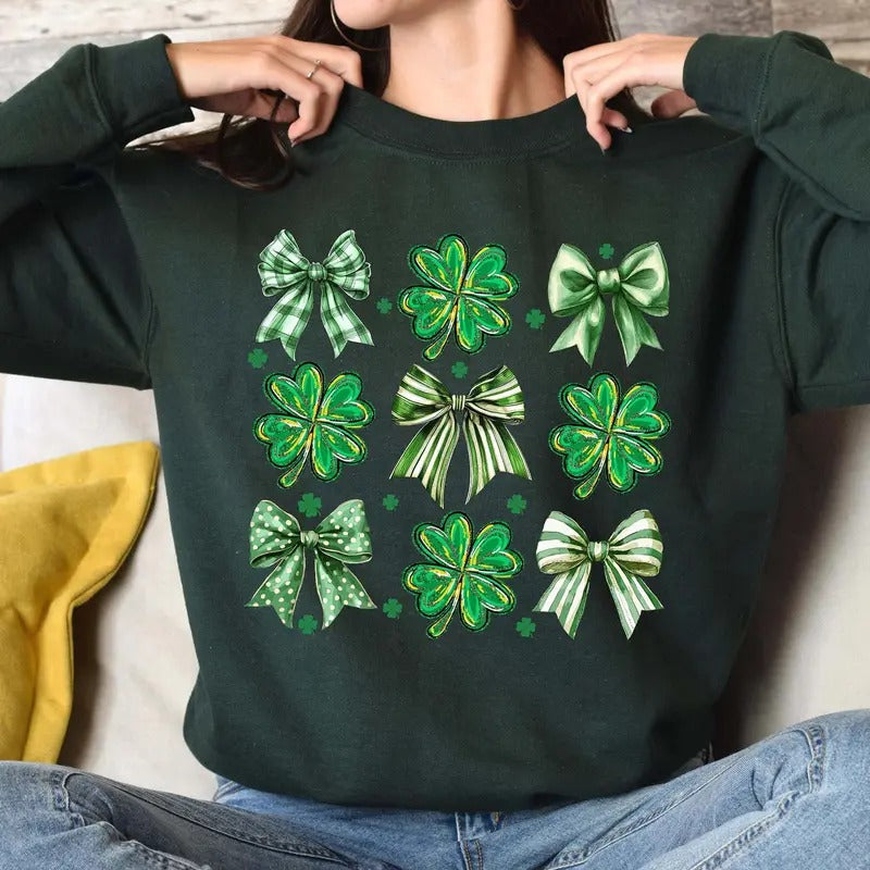 Coquette St. Patrick's Day Sweatshirt - Cute Shamrock Bow Clover Sweater for Women, Aesthetic St. Patty's Day Pullover...