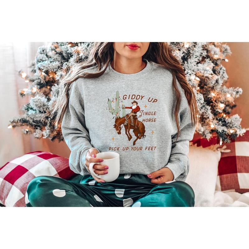 Cowboy Christmas Sweatshirt, Giddy Up Jingle Horse Sweater, Howdy Country Xmas Horse Tee Shirt, Western Santa Sweatshirt,...