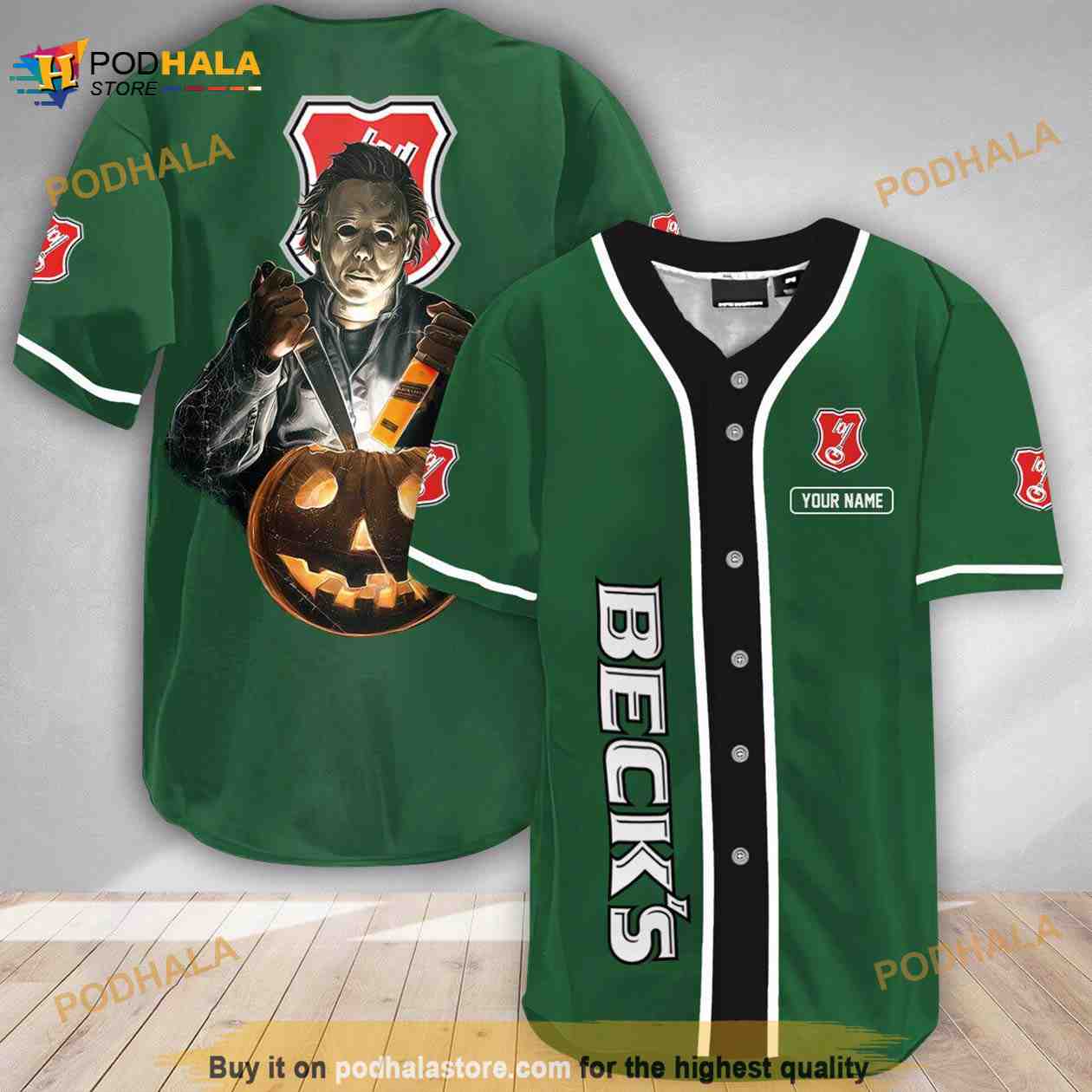 Custom Name Scary Michael Myers Pumpkin Beck’s Beer 3D Baseball Jersey