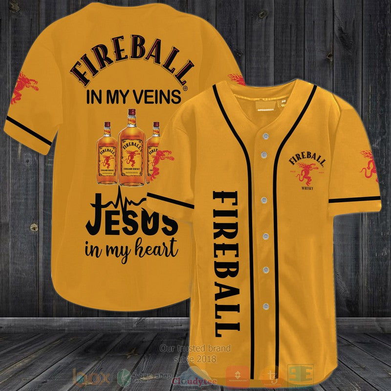 Fireball in my veins Jesus in my heart orange Baseball shirt