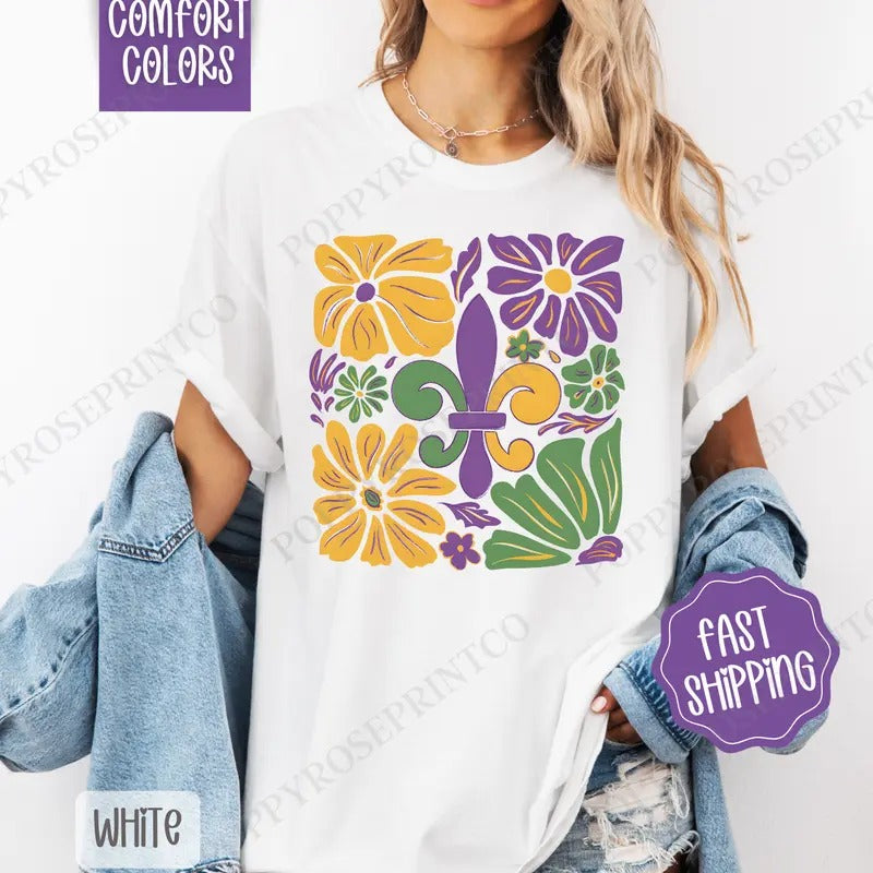 Floral Mardi Gras Comfort Colors, Boho Mardi Gras Women's Tee, Holiday Women's Tshirt Hoodie, Sweatshirt | WearSparks.com