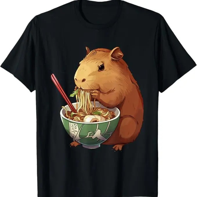 Funny Capybara Shirt, Cute Kawaii Capybara Eating Japanese Ramen Noodles Anime T-Shirt Cotton Menswear Top Hoodie, Sweatshirt
