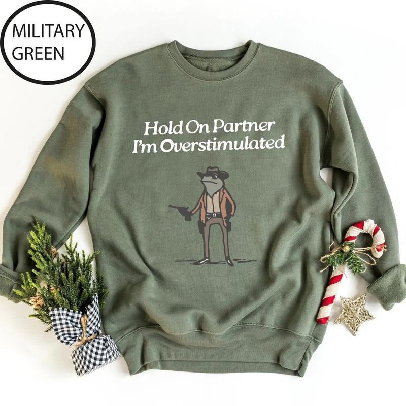 Hold On Partner Im Overstimulated Sweatshirt, Cowboy Frog Sweatshirt, Cowboy Frog Unhinged Shirt, Cute Animal Sweatshirt,...