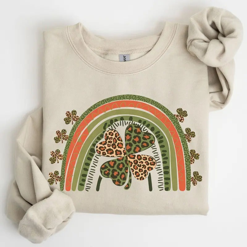 Leopard Rainbow, Shamrock, St. Paddy's Day, Clover, Lucky, Irish, Lucky Charm, St Patrick's Day Sweatshirt, Crew Neck,...