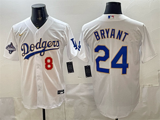 Los Angeles Dodgers Front #8 Back #24 Kobe Bryant White Gold With 2025 World