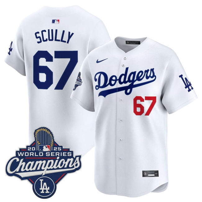 Los Angeles Dodgers #67 Vin Scully White 2025 World Series Champions Patch Home