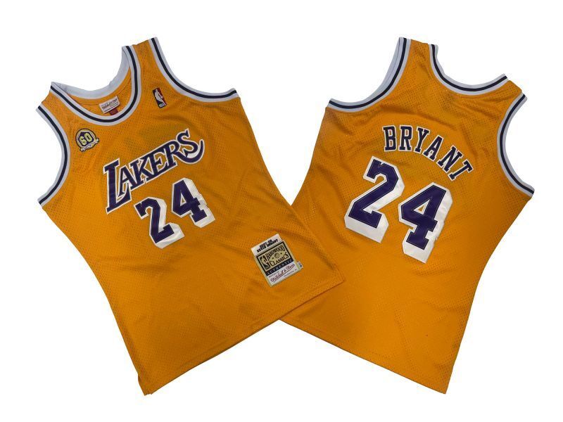 Los Angeles Lakers #24 Kobe Bryant Lakers 24 # Yellow 07-08 Season Mitchell Retro Jersey 60 Logo -- Kobe Style 1