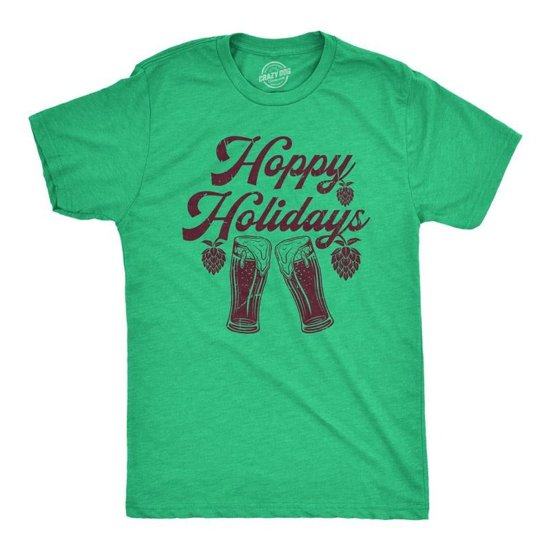 Mens Hoppy Holidays T Shirt Funny Xmas Beer Drinking Pint Glass Hops Tee For Guys Mens Funny T Shirts Cool Tees Soft...