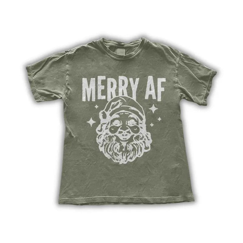 Merry AF Christmas T-Shirt - Funny Santa Graphic Tee Retro Holiday Vibes
