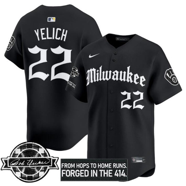 Milwaukee Brewers #22 Christian Yelich Black Gothic Edition Bob Uecker Patch Vapor