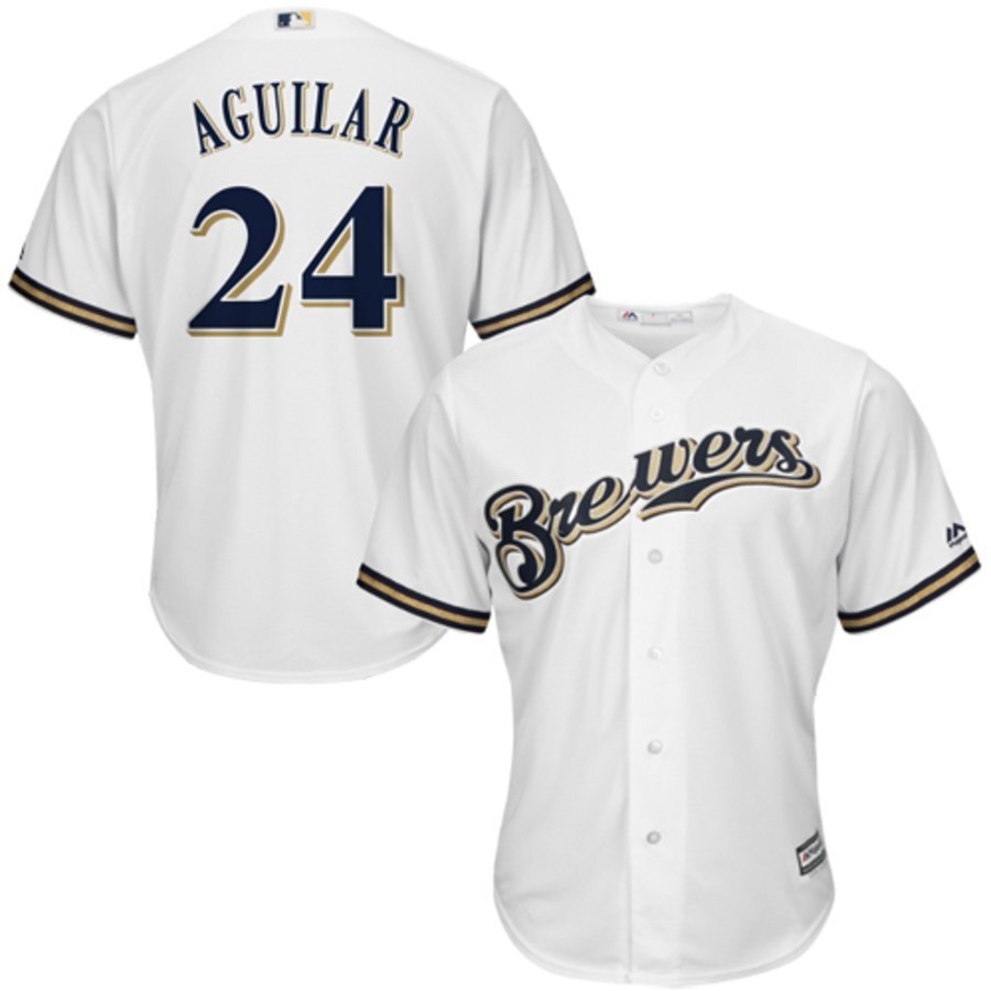 Milwaukee Brewers #24 Jesus Aguilar Majestic Home Official Cool Base Player Jersey - White