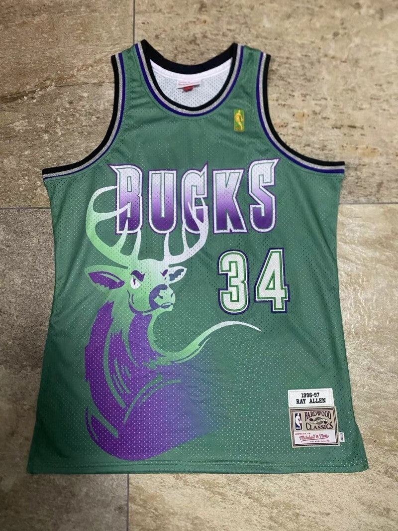 Milwaukee Bucks #34 Ray Allen mitchell&ness Bucks 34 # Allen au Embroidered Retro 96-97 Green Jersey Style 2