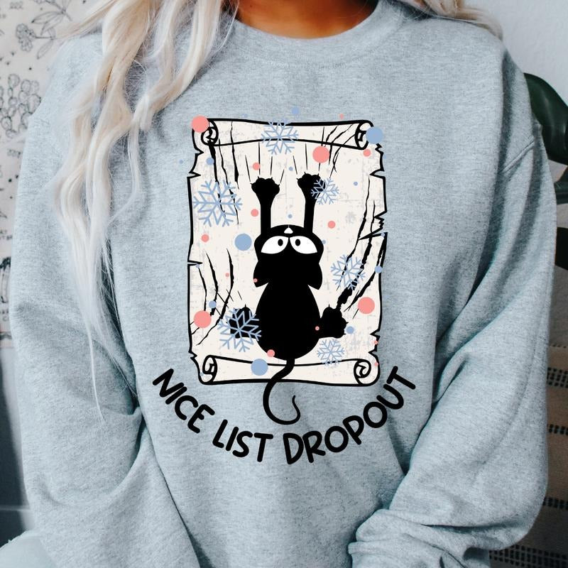 NICE LIST DROPOUT CAT CREWNECK (Crewneck Sweatshirt, Unisex Fit, Causal Sweatshirt for Christmas, Christmas Holiday...