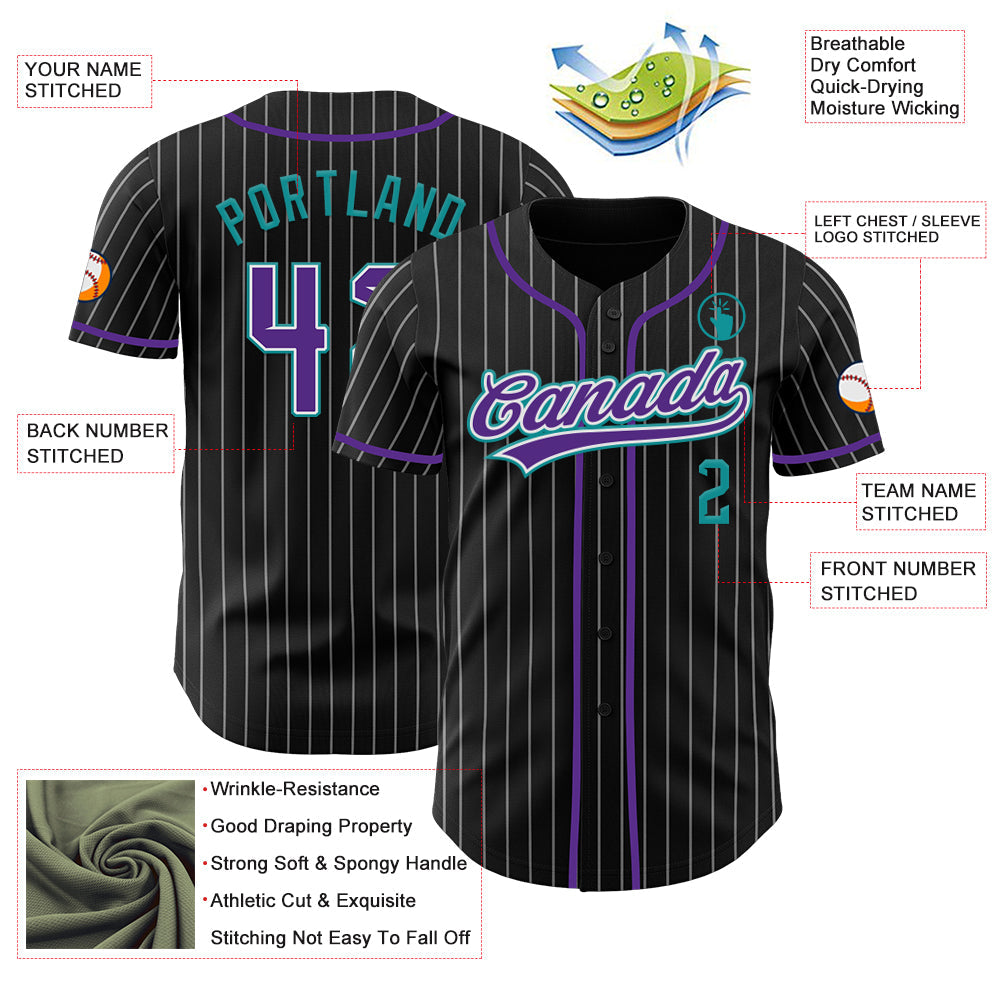 Custom Black White Pinstripe Purple Teal-White Authentic Baseball Jersey