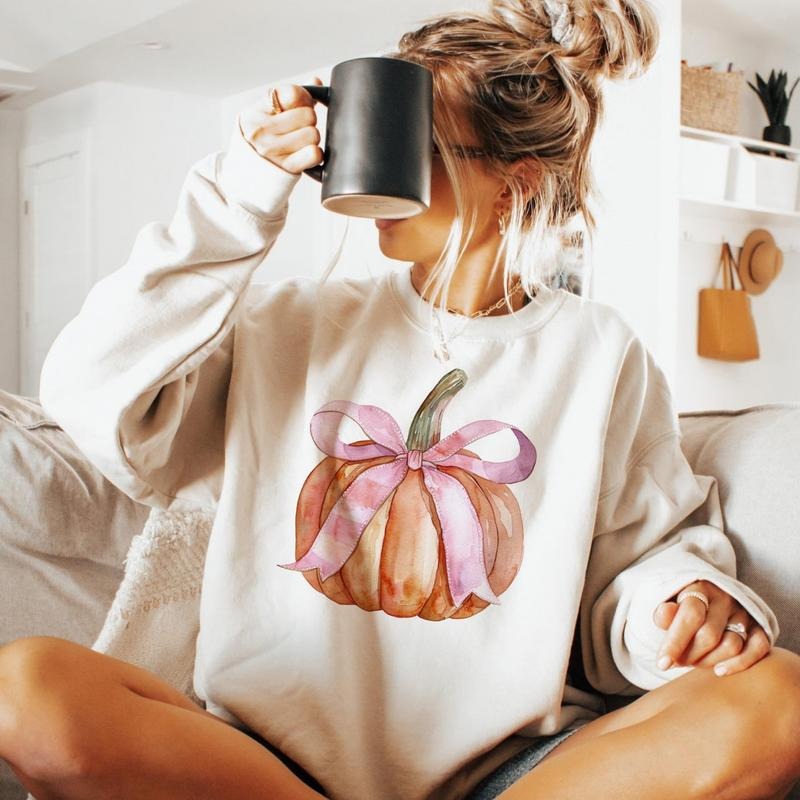 Pumpkin Coquette Bow Sweatshirt, Pink Bow Pumpkin Tee Shirt, Coquette Pumpkin Halloween Sweatshirt, Pumpkin Season Bow...