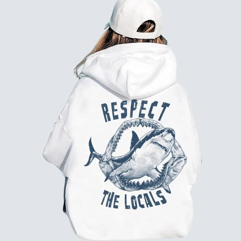 Respect the Locals Hoodie Shark Graphic Hoodie Aesthetic Shirt Words on Back Beach Tee Oversized Surf Shirt Preppy Summer...
