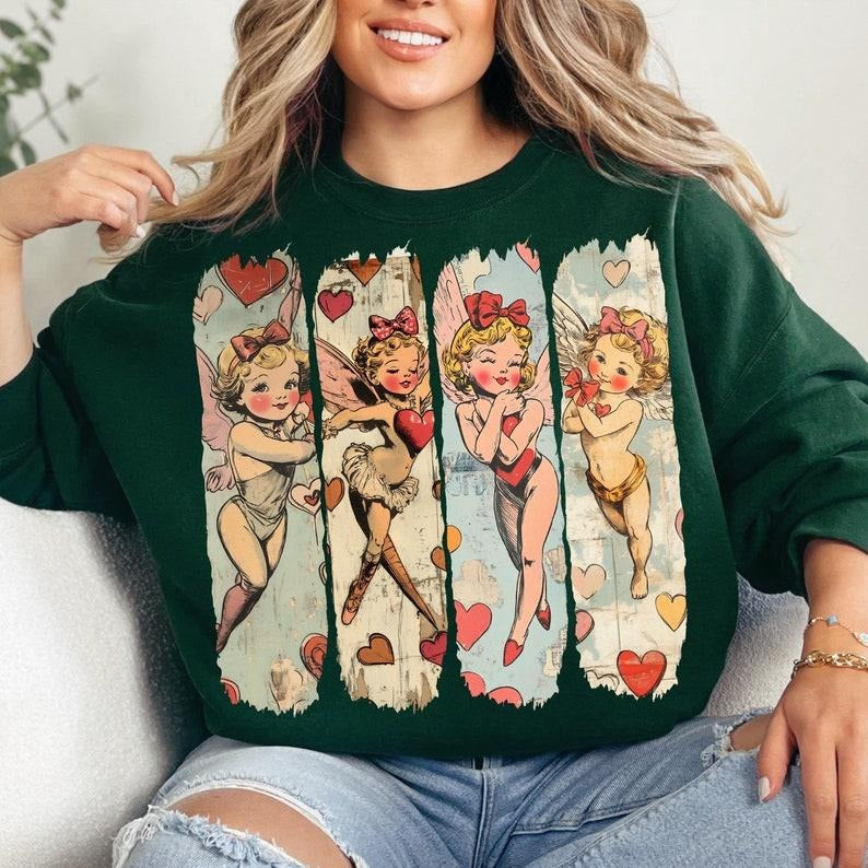 Retro Cupid Coquette bow Sweatshirt, Retro Valentine Baby Cupid Sweatshirt, Valentine Love Sweatshirt T-Shirts, Hoodie