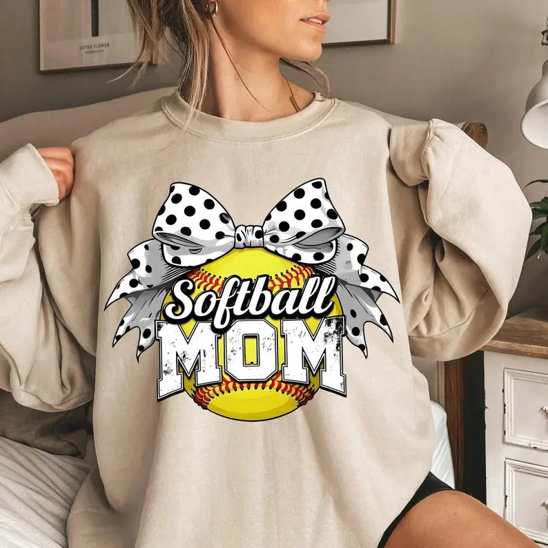 Retro Softball Mom Sweatshirt Coquette Bow Softball Mama Game Day Softball Bow Sports Shirt Hoodie | WearSparks.com