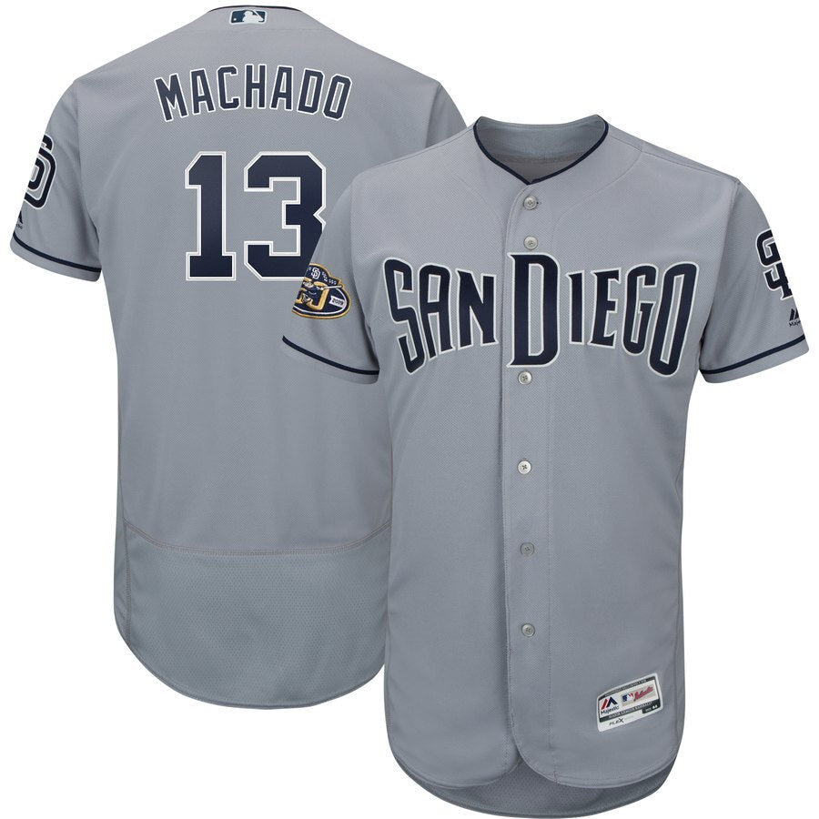 San Diego Padres #13 Manny Machado Majestic Patch Flex Base Player Jersey – Gray