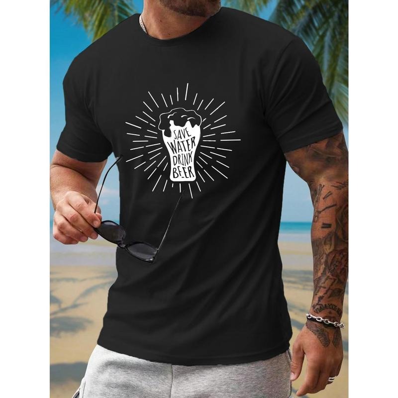 Save Water Drink Beer Print Men's Fashion Comfy Breathable T-Shirt, New Casual Round Neck Short Sleeve Tee For Spring...