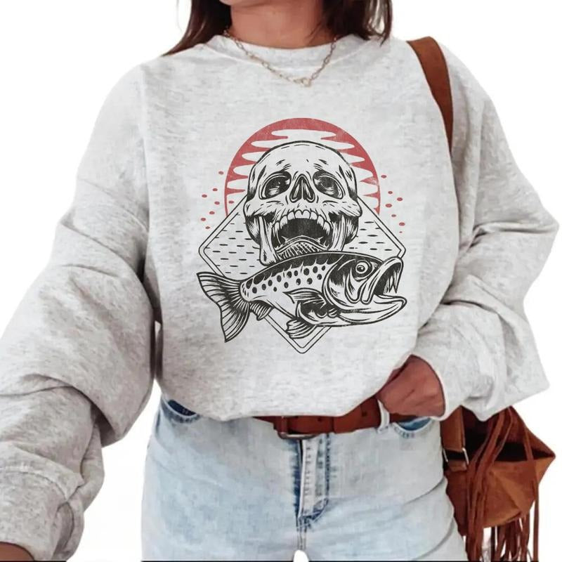 Skull and Fish Dark Fishing Adventure Vintage Sweatshirt Country Fisherman Fisherman for T-Shirts Cotton Pullover...
