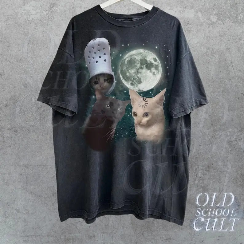 Three Cats Vintage Graphic T-shirts, Retro Cat Moon Tshirt, Cat Lovers, Funny Cat Tee, Oversized Washed Tee, Meme T...