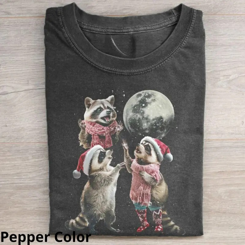 Three Raccoons Vintage Christmas T-shirt, Funny Graphic Tee Womenswear Top Streetwear Tshirt Hoodie, Sweatshirt