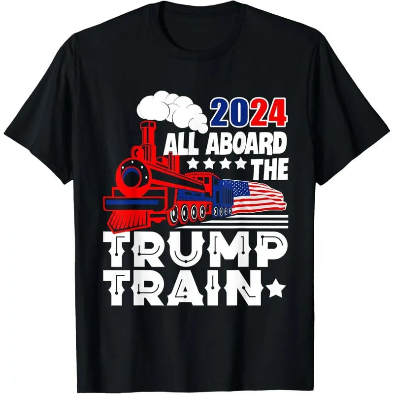 Trump 2024 All Aboard The Trump Train USA American Flag T-Shirt made in usa Hoodie, Sweatshirt | WearSparks.com