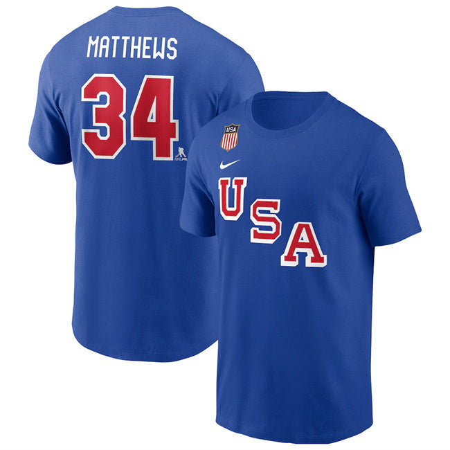 US Hockey #34 Auston Matthews Royal 2026 Name & Number T-Shirt