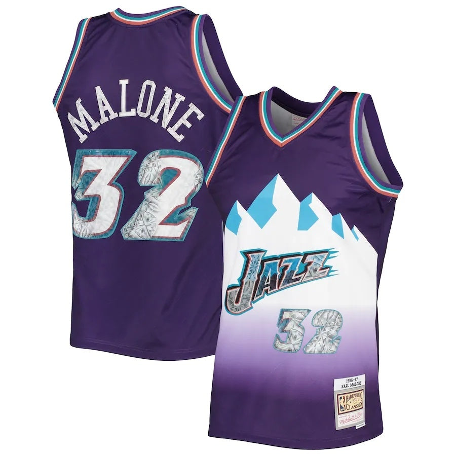 Utah Jazz #32 Karl Malone Mitchell & Ness 1996-97 Hardwood Classics 75th Anniversary Diamond Swingman Jersey - Purple