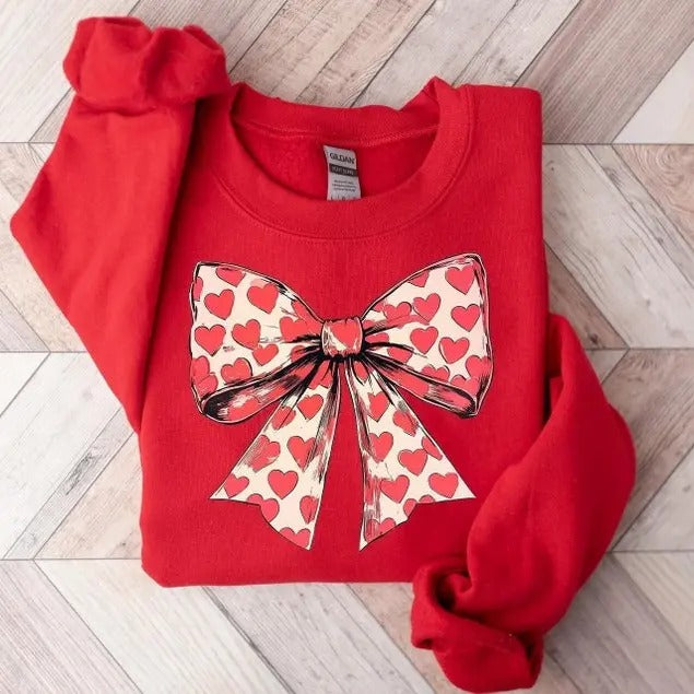 Valentine's Day Heart Coquette Bow Sweatshirt, Retro Valentine Sweatshirt, Valentines Day Bow, Coquette Bow Sweatshirt,...