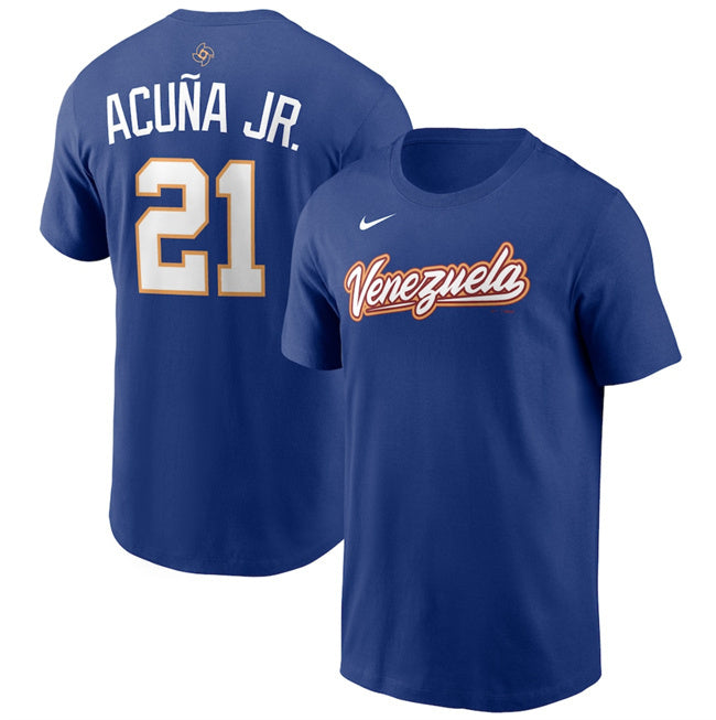 Venezuela Baseball #21 Ronald Acuna Jr. Rush Blue 2026 World Baseball Classic Name &