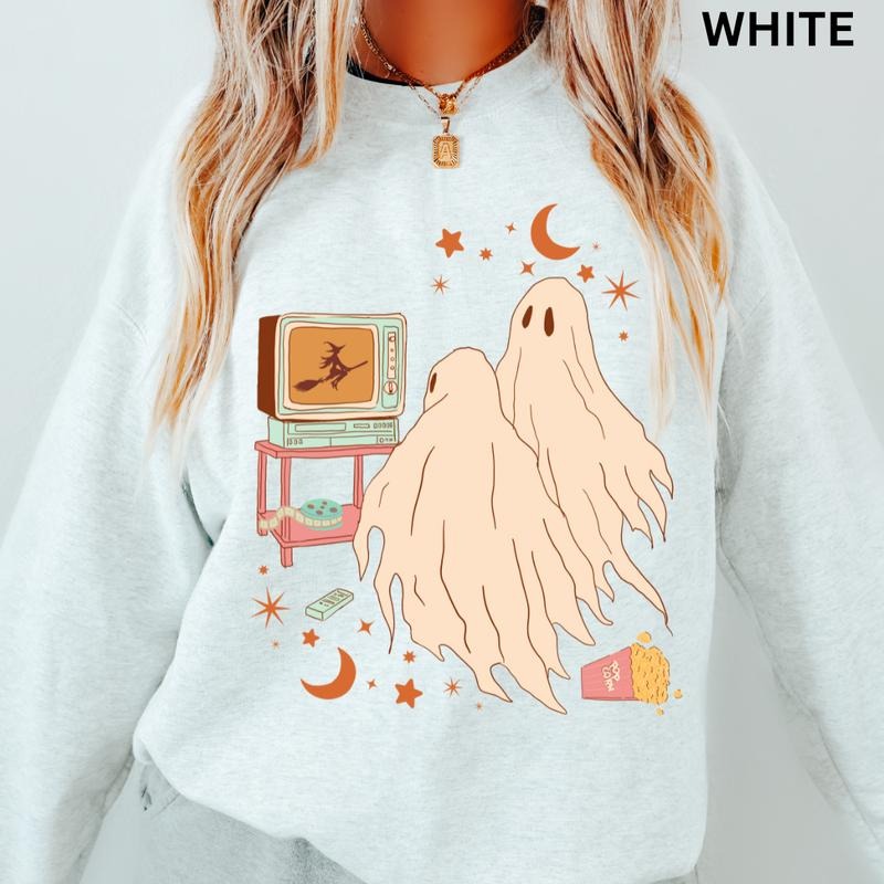 Vintage Halloween Crewneck, Vintage Ghost Sweatshirt, Spooky Season Graphic, Casual Cotton Crewneck T-Shirts, Hoodie