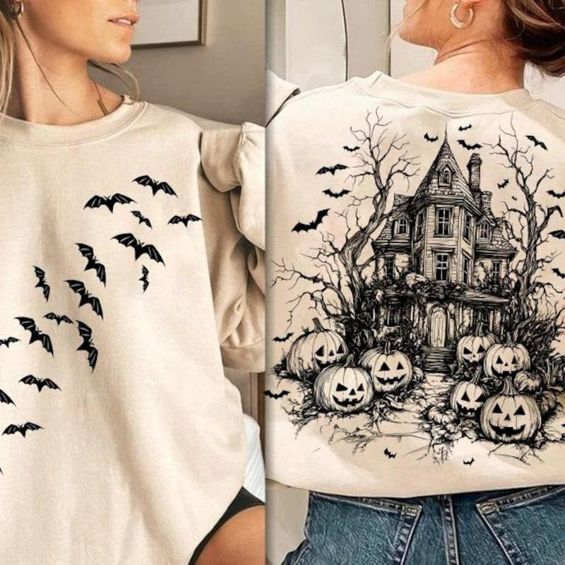 Vintage Halloween Scene with Bats and Pumpin 2 Sided Unisex Sweatshirt, Retro Spooky Season Halloween Pumpkin Tee, Spooky...