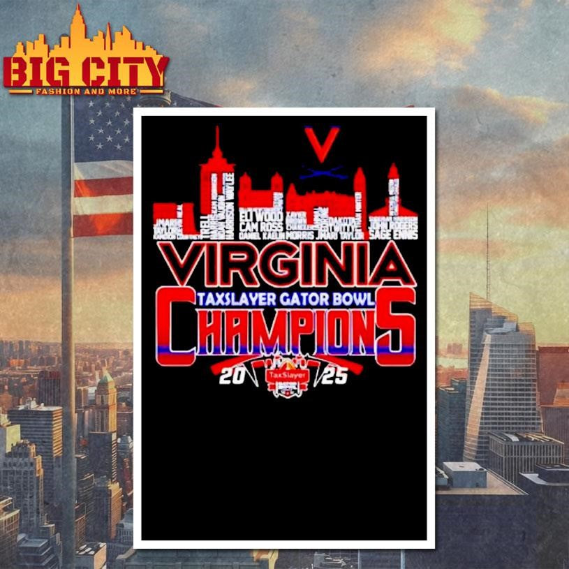 Virginia Cavaliers 2025 Taxslayer Gator Bowl Champions Players Names Skyline Shirt