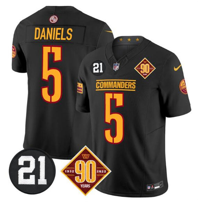 Washington Commanders #5 Jayden Daniels Black F.U.S.E. 90th & Sean Taylor Patch Vapor