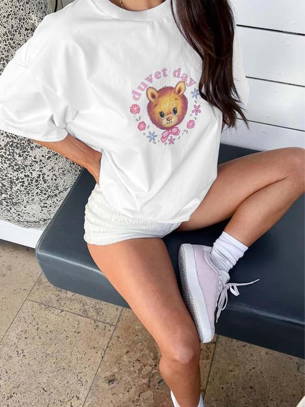 Women's Bear & Letter Print Round Neck Graphic Tee, Vintage Trendy Casual Half Sleeve T-shirt for Daily Wear, Ladies All...