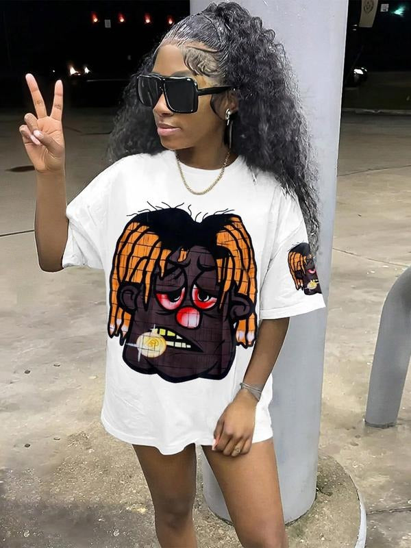 Women's Cartoon Face Print Round Neck Tee, Fashion Casual Crew Neck T-shirt for Daily Holiday Vacation Outdoor Wear,...
