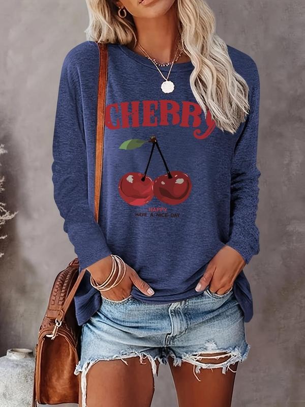 Women's Cherry & Letter Print Round Neck Tee, Casual Long Sleeve Crew Neck T-shirt for Fall & Winter, Women's Top for...